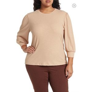 Sanctuary Womens Cashew Ribbed Shirred Puff Sleeve Tee Top Shirt (Plus) 2X NWOT